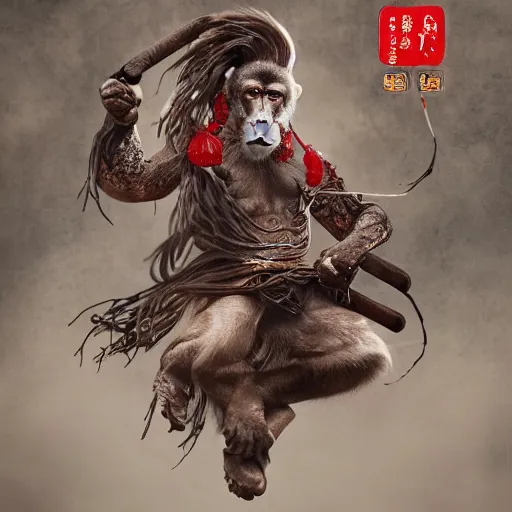 Image similar to The Chinese Zodiac sign of monkey warrior, traditional Chinese textures, hyper detail, Unreal engine,Octane render, by Brooke Shaden