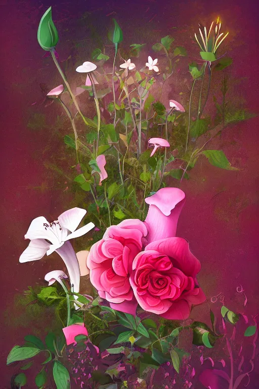 Prompt: beautiful digital matter cinematic painting of whimsical botanical illustration of roses and lilies mushrooms enchanted dark background, whimsical scene bygreg rutkowki artstation