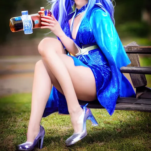 Image similar to Crystal Maiden cosplayer sitting on a park bench drinking alcohol, photorealistic photograph, telephoto lens