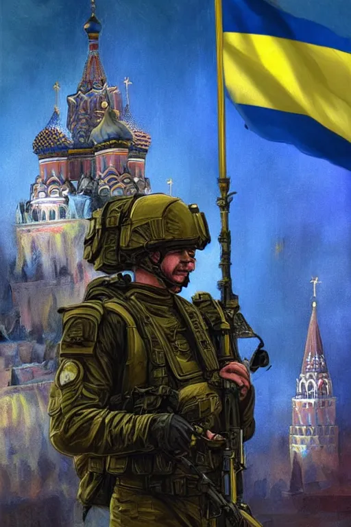 Image similar to special forces soldier raising ukrainian blue and yellow flag, kremlin st. basil cathedral in the background, masculine figure, d & d, fantasy, bright atmosphere, volumetric lights, intricate, elegant, extremely detailed, digital painting, artstation, concept art, matte, smooth, sharp focus, hyper realistic, illustration, art by artgerm and greg rutkowski and alphonse mucha