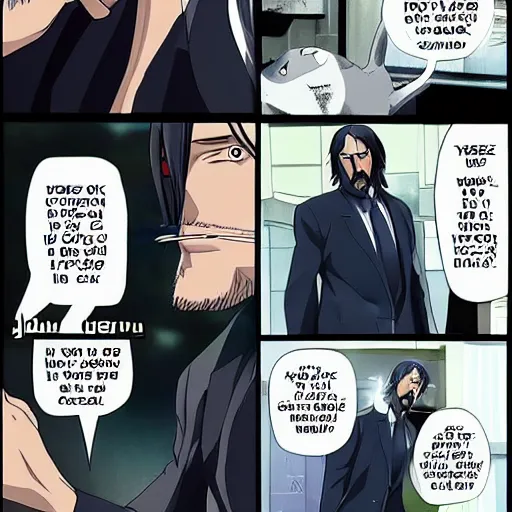 Prompt: John wick is suiciding by shooting his own head but in the anime universe