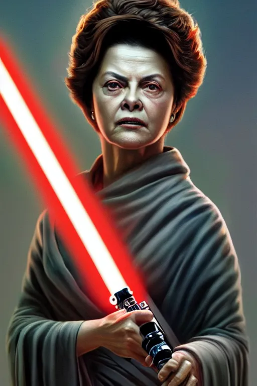 Prompt: breathtaking detailed concept art painting of a jedi dilma rousseff holding a lightsaber, by hsiao - ron cheng, exquisite detail, extremely moody lighting, 8 k