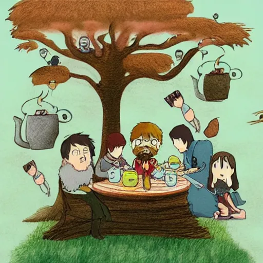 Prompt: small creatures having tea party in a humans beard. in a style of hayao miyazaki.