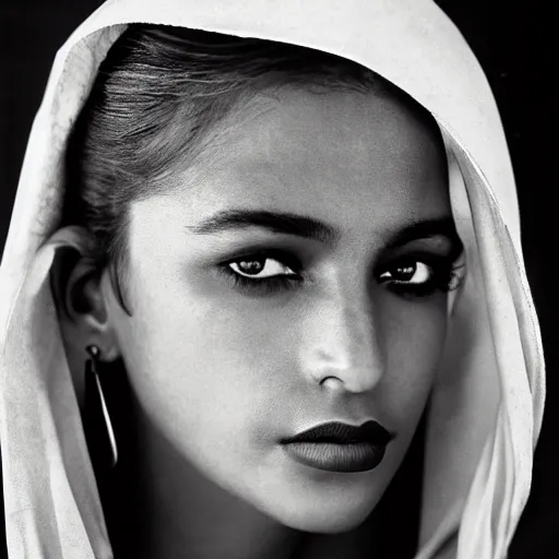 Prompt: black and white vogue closeup portrait by herb ritts of a beautiful female model, afghani, high contrast