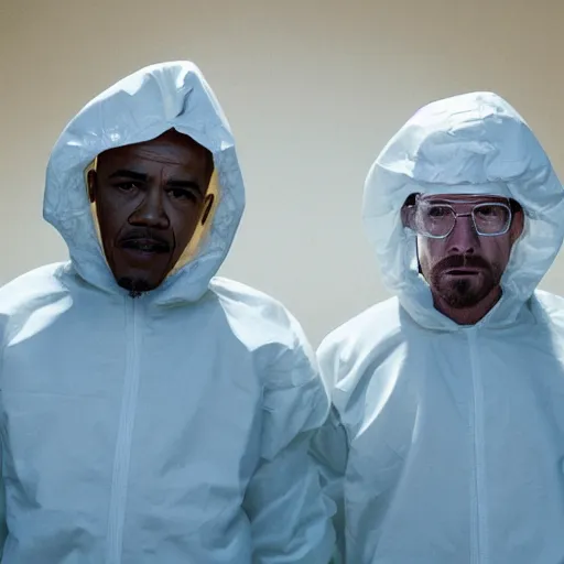 Prompt: obama and walter white wearing hazmat suits, hood off, film still of breaking bad, film grain, insanely detailed faces, realistic faces, photorealistic, 4k