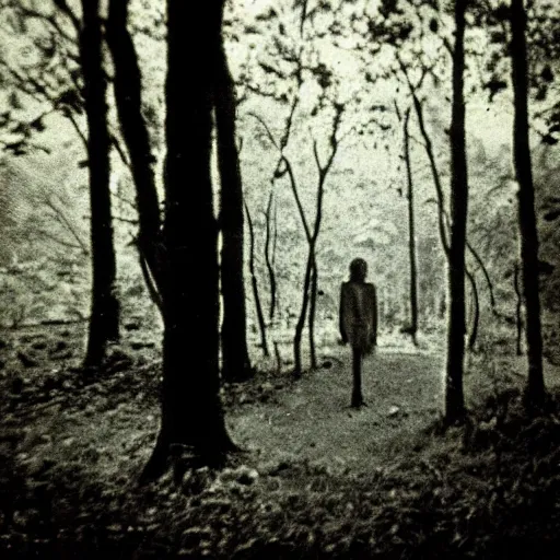 Prompt: 1 9 8 0 s vintage photo of creepy figure shadow in the distance in the woods, lomochrome