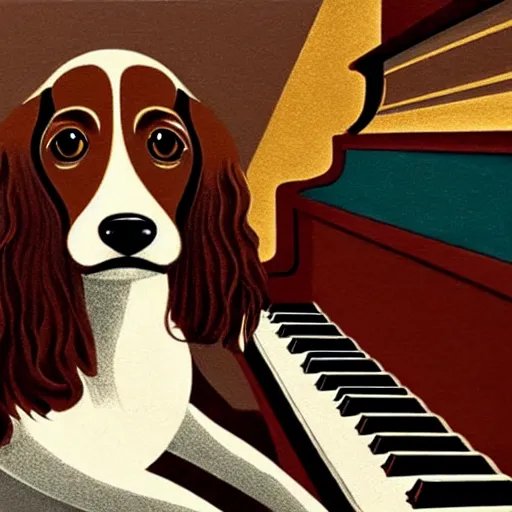 Prompt: a brown spaniel with a white chest , sat down playing a grand piano. surrealism. Artwork adult swim style, no text