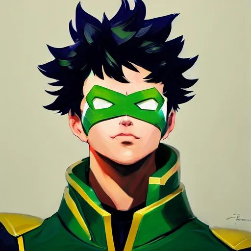 Image similar to greg manchess portrait painting of izuku midoriya as overwatch character, medium shot, asymmetrical, profile picture, organic painting, sunny day, matte painting, bold shapes, hard edges, street art, trending on artstation, by huang guangjian and gil elvgren and sachin teng