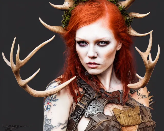 Image similar to 5 5 mm portrait photo of an armored gorgeous anesthetic redhead woman warrior with a face tattoo and antlers growing from her head, in a magical forest in the style of stefan kostic, art by luis royo. highly detailed 8 k. intricate. lifelike. soft light. nikon d 8 5 0. cinematic post - processing