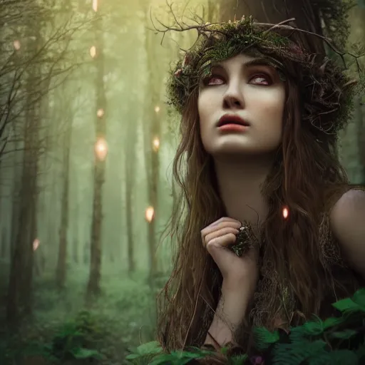 Image similar to portrait of forest witch, beautiful, attractive, glowing, jaw dropping, magical, dynamic lighting, dark, mystical, 4 k, octane render, age 2 0, background enchanted woods, intricate and ornate