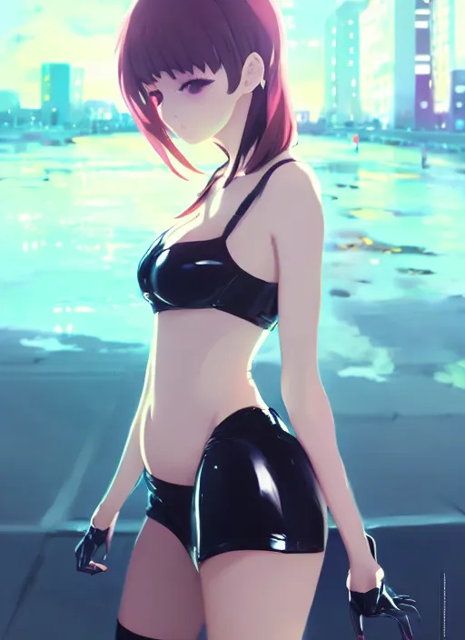 Prompt: portrait of cute girl in latex clothes, night city background illustration concept art anime key visual trending pixiv fanbox by wlop and greg rutkowski and makoto shinkai and studio ghibli and kyoto animation