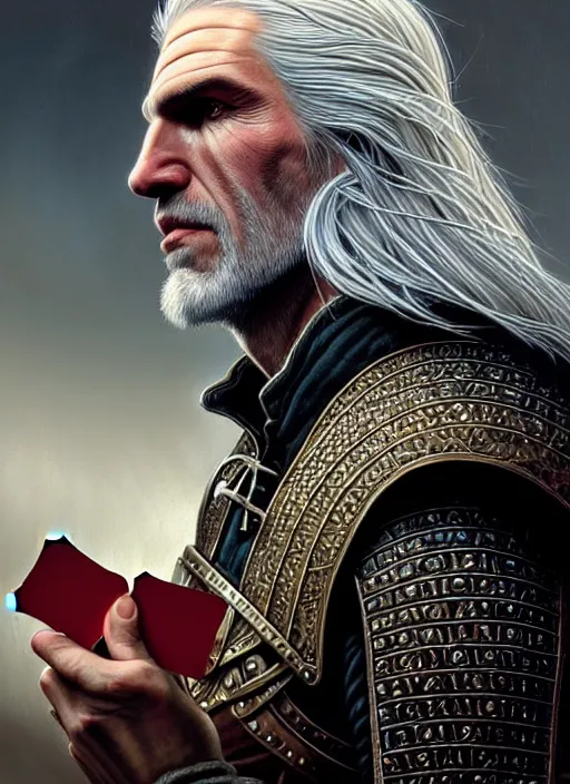 Image similar to closeup portrait shot of geralt of rivia smirking and holding cards, intricate, elegant, highly detailed, centered, digital painting, artstation, concept art, smooth, sharp focus, illustration, artgerm, tomasz alen kopera, peter mohrbacher, donato giancola, joseph christian leyendecker, wlop, boris vallejo
