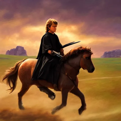 Image similar to anakin skywalker riding a pony, cinematic painting