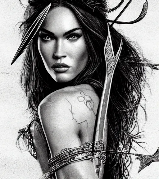 Image similar to portrait of megan fox as beautiful aphrodite goddess as an archer, arrow crown, beautiful piercing eyes, flowing blonde hair, realistic face, black and white drawing, in the style of greg rutkowski, fantasy, amazing detail, epic, intricate, elegant, smooth, sharp focus