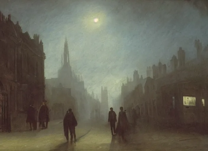 Prompt: 1 9 th century london, art by caspar david friedrich, thomas lawrence, john martin, dark, shady alleys, pub, pub sign, thick fog, coherent composition,