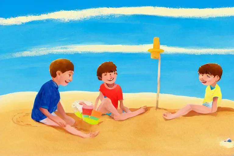 Image similar to Two happy children sitting on the beach making sandcastles, blue sky, HD, outlines, illustration by Benji Davies