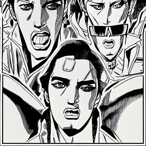 Prompt: Digital color ink drawing of elvis, highly detailed, sharp focus, screentone shading, 1990 manga panel, trending on ArtStation, manga cover art drawn by Hirohiko Araki,