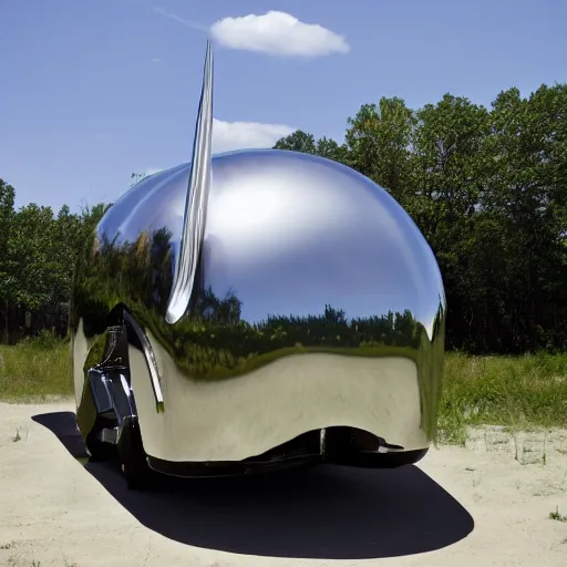 Prompt: an inflated stainless steel chrome Winnebago, solarpunk