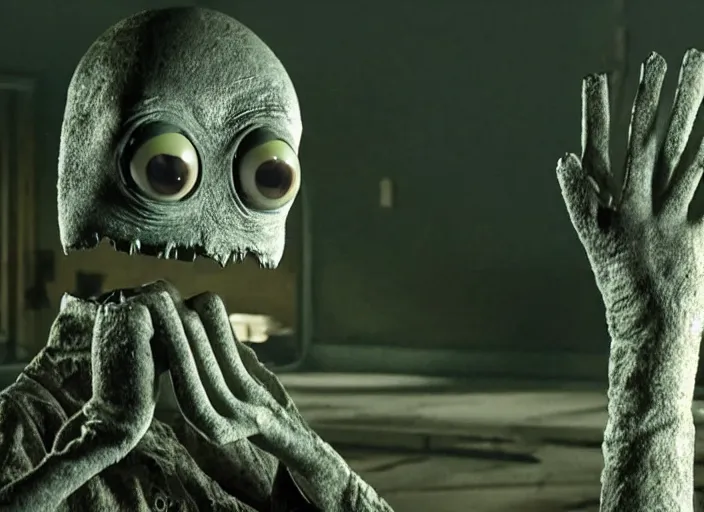 Image similar to film still of salad fingers in the new scifi movie, 4 k