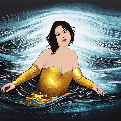 Image similar to photorealistic portrait of a beautiful brunette drowning into black waters with a golden dress