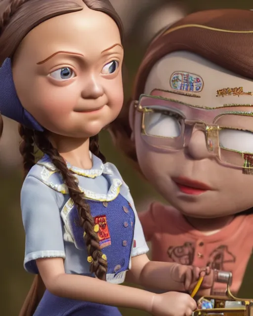 Prompt: highly detailed closeup, face profile portrait of a tin toy greta thunberg as an anime schoolgirl, bikini, depth of field, nicoletta ceccoli, mark ryden, lostfish, max fleischer, breathtaking, detailed and intricate environment, 8 k resolution, hyperrealistic, octane render