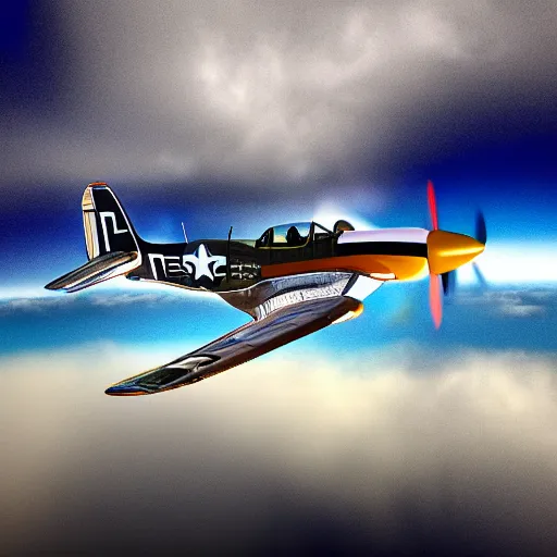 Image similar to P-51 Mustang flying in the clouds, chrome and invasion stripes, close-up, intricate details, intricate textures, warm lighting, vivid colors, realistic octane render, hyper realistic render, volumetric shading, depth of field, raytracing, 8k,