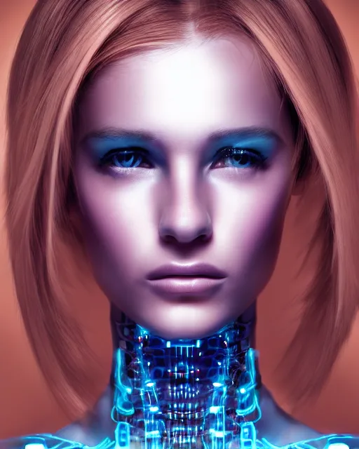 Image similar to fashion portrait, most beautiful girl in the world, glowing cybernetic augments, hyperrealism, year 2447, cdx