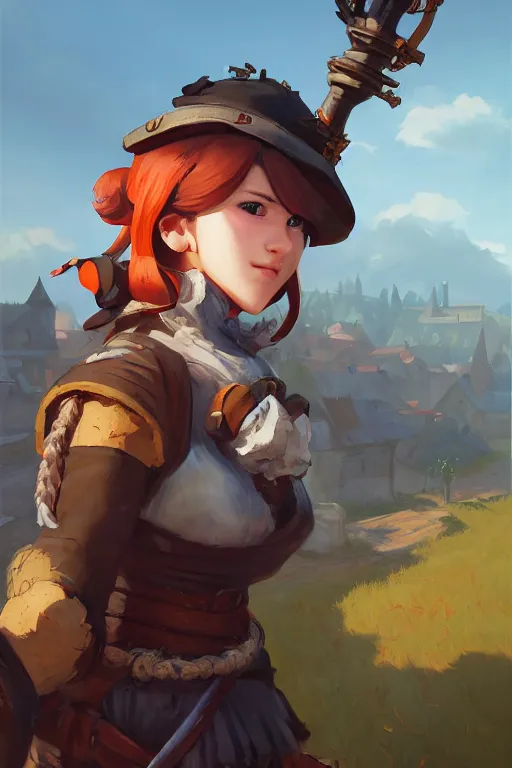 Image similar to a portrait of a cute female medieval peasant, rustic setting, overwatch art team, action pose, vivid colors, soft lighting, atmospheric, cinematic, moody, splash art in the style of ilya kuvshinov and range murata, oil on canvas, 8 k