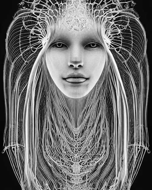 Image similar to mythical dreamy black and white organic bio - mechanical spinal ribbed profile face portrait detail of beautiful intricate monochrome angelic - human - queen - vegetal - cyborg, highly detailed, intricate translucent jellyfish ornate, poetic, translucent microchip ornate, photo - realisitc artistic lithography in the style of hg giger