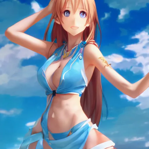 Image similar to a very beautiful yuuki asuna, full body, long wavy blond hair, sky blue eyes, full round face,, bikini, miniskirt, front view, mid - shot, highly detailed, cinematic wallpaper by stanley artgerm lau