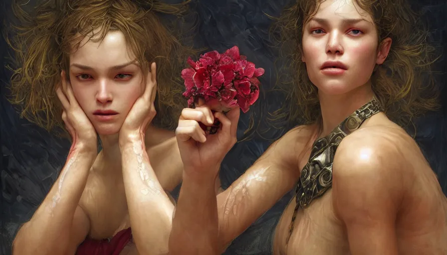 Prompt: epic masterpiece ignorance, drama, sweaty skin, hyperrealistic, octane render, cinematic, beautiful face and flawless skin, perfect hands, 5 fingers, ruby by Edgar Maxence and Ross Tran and Michael Whelan, Legends of Runeterra