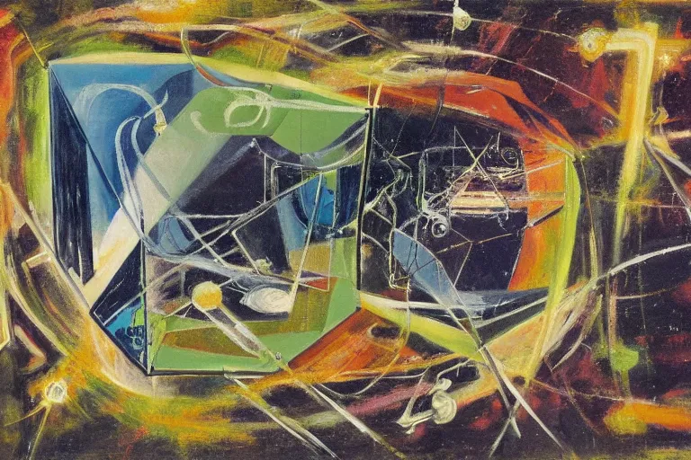 Image similar to painting of a tesseract floating in space by graham sutherland