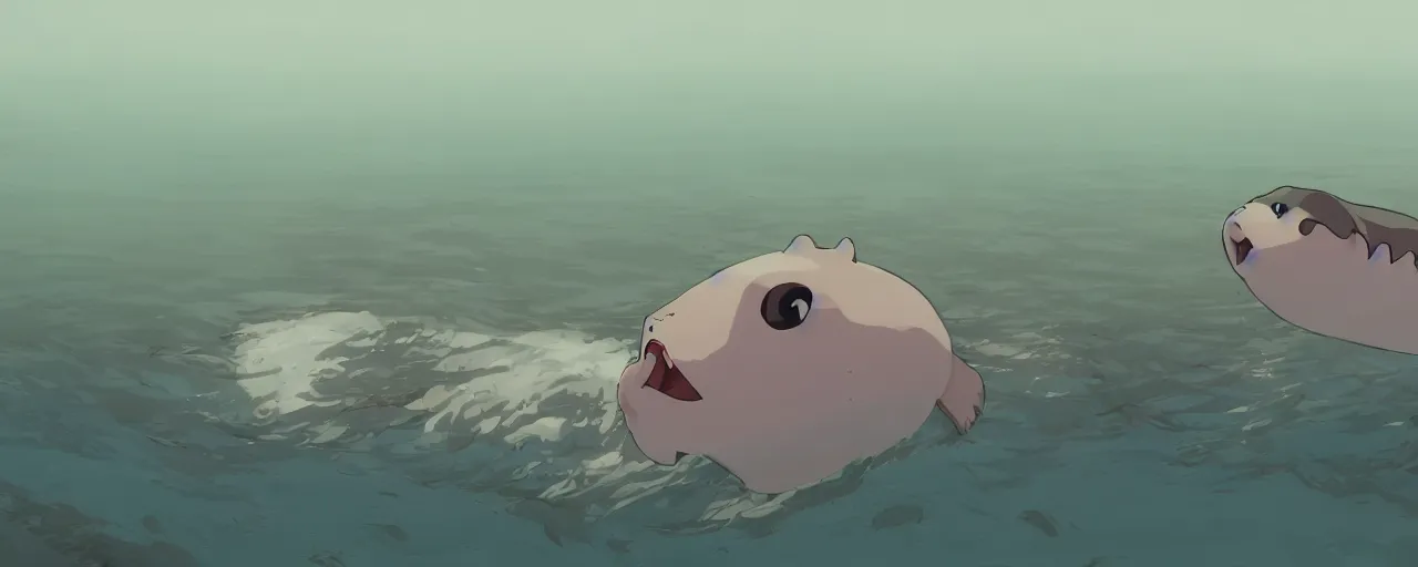 Image similar to piranhas surround a baby harp seal swimming in a tropical river, atey ghailan, goro fujita, studio ghibli, rim light, dark lighting, clear focus, very coherent