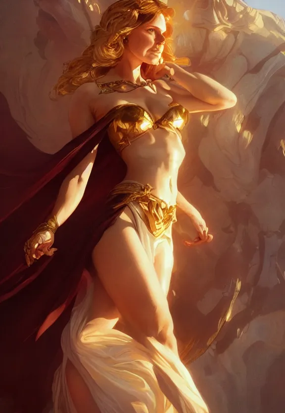 Prompt: Circe, posing heroically, heavenly, full body close-up shot, elegant, digital painting, golden hour, cinematic, epic, trending on artstation, concept art, smooth, sharp focus, illustration, art by artgerm and Greg Rutkowski and Alphonse Mucha