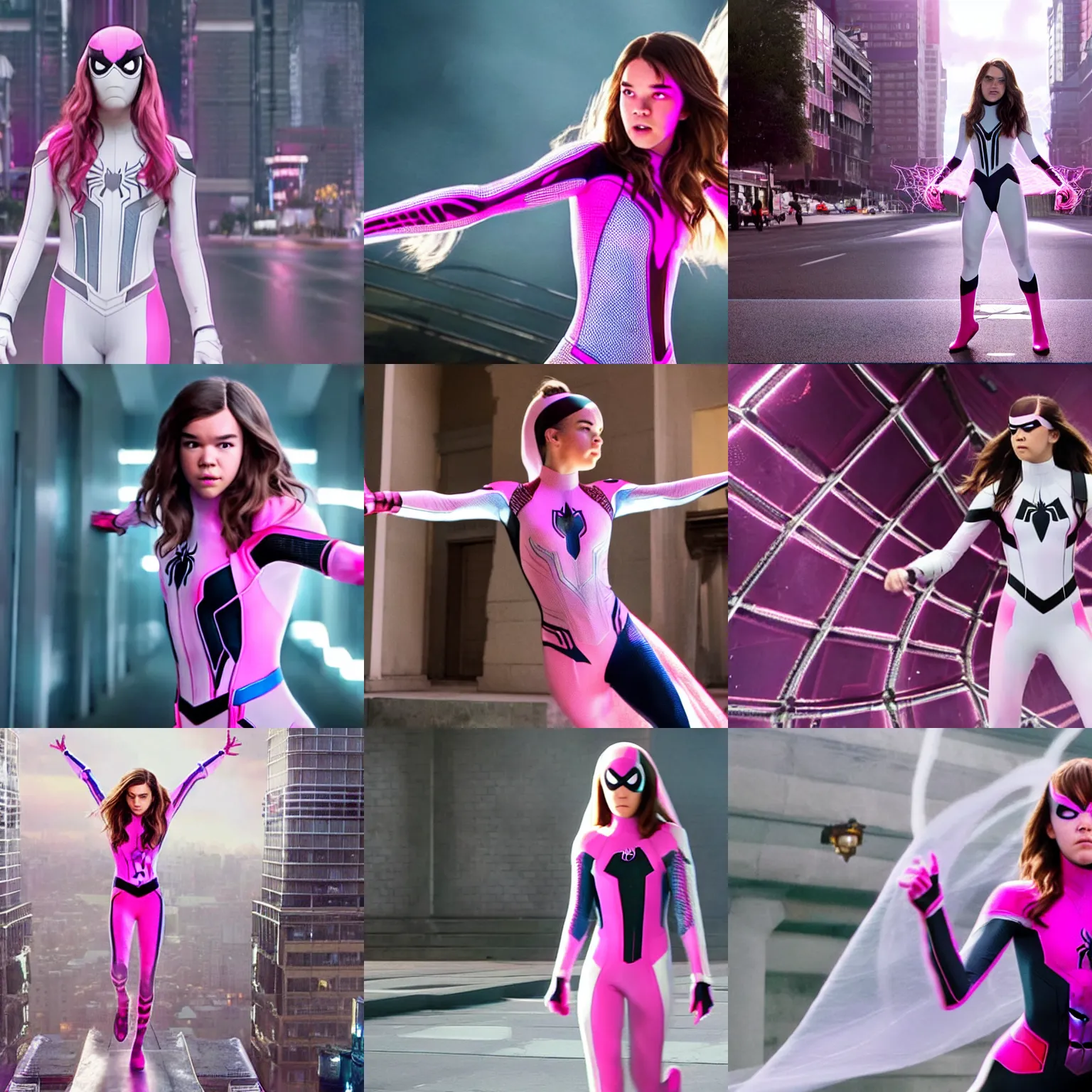 Prompt: Hailee Steinfeld as Spider-Gwen, wearing a white and pink costume, film still from Spiderman: Far From Home