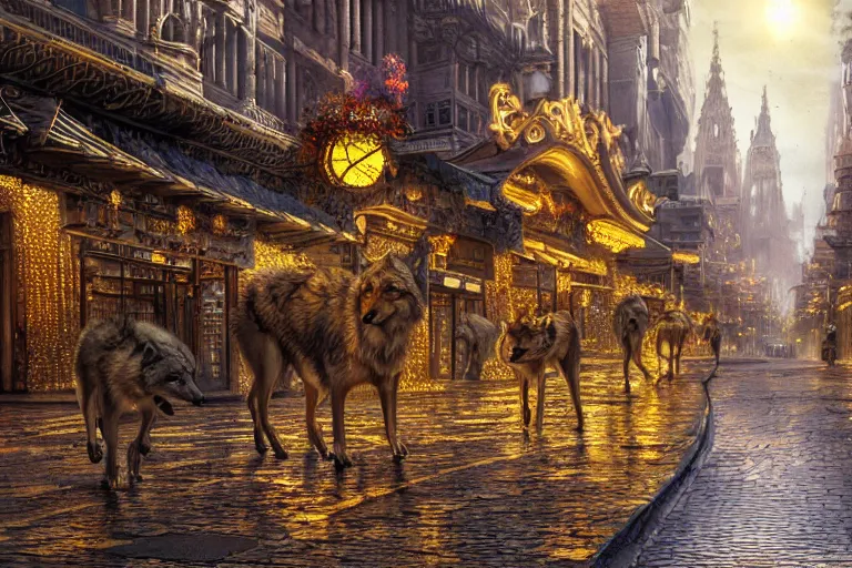 Prompt: the great city of ebora once glittered with gold its streets are stalked by wolves. photo - realistic hd, hyperrealism, colourful, highly detailed, cinematic, luminescence, 3 2 k, dop, high contrast, intricate, mystery, epic, fantasy