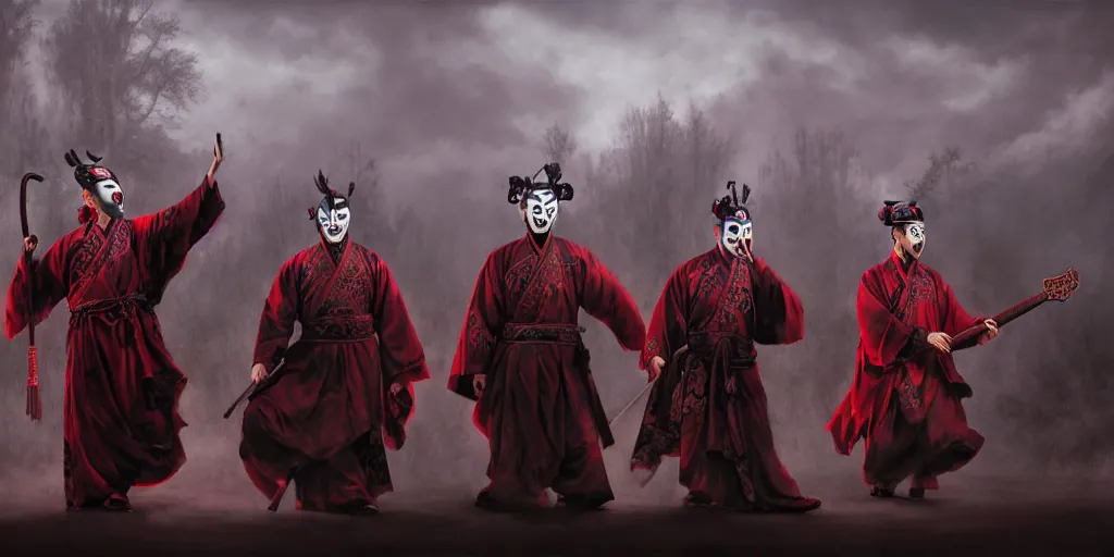 Image similar to 3 ancient chinese generals with chinese peking opera masks singing with guitars, the background is misty forest, full of red and black swirling smoke, harry potter, death eaters, dementors, craig mullins, albert bierstadt, greg rutkowski, tarkovski, realistic, highly detailed, artstation, early morning, atmospheric, aestetic, moody