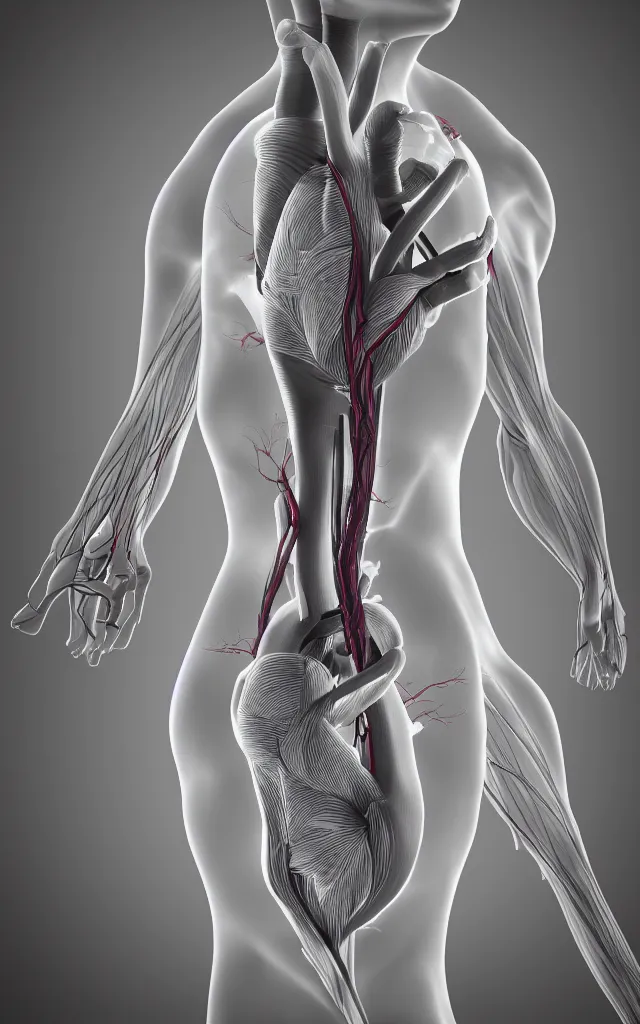 Prompt: intricated scientific medical 3d animation of the muscles and veins of a human with a heart in their hands photography 3d octane render over black black black background