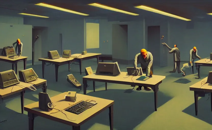 Prompt: Inside secret government bunker room with computers, highly detailed, very coherent, painted by Francis Bacon and Edward Hopper, Wayne Barlowe, painted by James Gilleard, surrealism, airbrush, art by JamesJean