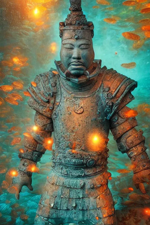 Prompt: a stunning ultra detailed underwater fantasy fine art photo of a granite statue of a terracotta warrior holding a glowing lamp, surrounded by colorful fishes, by tomasz alen kopera and anna dittman, water bubbles, very detailed, deep depth of field, 5 0 mm lens, soft lighting, artstation, highly coherent, 8 k