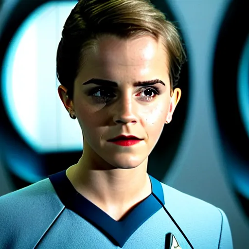 Image similar to Emma Watson in Star Trek, XF IQ4, f/1.4, ISO 200, 1/160s, 8K, Sense of Depth, color and contrast corrected, AI enhanced, Dolby Vision, symmetrical balance, in-frame