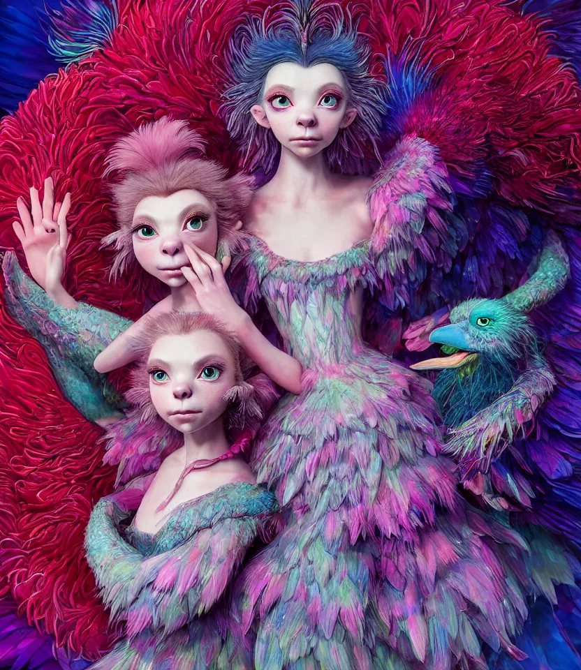 Prompt: hyper detailed 3d render like a Oil painting - kawaii portrait of two Aurora (a beautiful girl skeksis muppet fae princess protective playful expressive acrobatic from dark crystal that looks like Anya Taylor-Joy) seen red carpet photoshoot in UVIVF posing in feather dress to Eat of the Strangling network of yellowcake aerochrome and milky Fruit and His delicate Hands hold of gossamer polyp blossoms bring iridescent fungal flowers whose spores black the foolish stars by Jacek Yerka, Ilya Kuvshinov, Mariusz Lewandowski, Houdini algorithmic generative render, golen ratio, Abstract brush strokes, Masterpiece, Edward Hopper and James Gilleard, Zdzislaw Beksinski, Mark Ryden, Wolfgang Lettl, hints of Yayoi Kasuma and Dr. Seuss, octane render, 8k