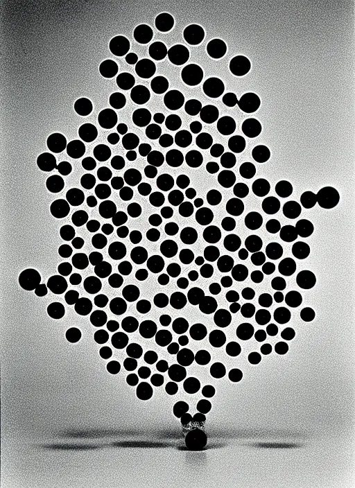 Image similar to realistic object photo of sculpture molecule made of eyeballs, black cloud made of caviar, readymade, dadaism, fluxus, man ray 1 9 9 0, life magazine photo