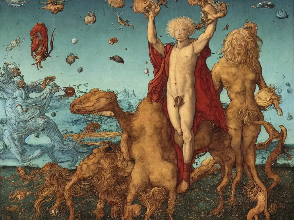 Image similar to Portrait of an albino man with animals on Neptune a million years ago. Painting by Lucas Cranach, Moebius.
