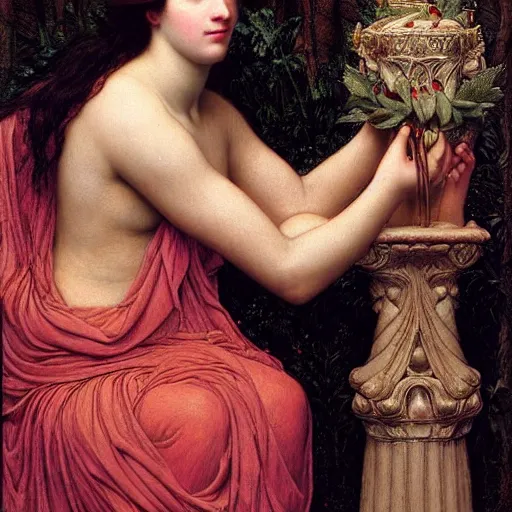 Prompt: the night crown, by John William Godward and Annie Swynnerton, embroidered robes, starry tattoos, elaborate costume, geometric ornament, symbolist, soft colors, dramatic lighting, smooth, sharp focus, extremely detailed