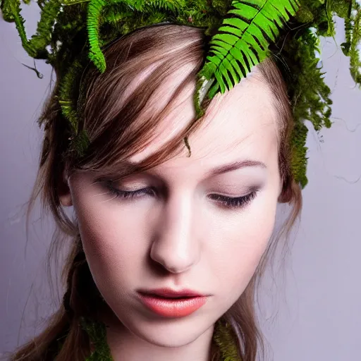 Image similar to a photo of a female model, orgnic headpiece, fern, vines, horn, moss, fashion photography, realistic, hyperdetails