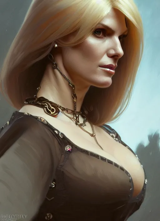 Image similar to portrait of victoria silvstedt as a lady, collar and leash, jewelry, greek, dark, intricate, headshot, highly detailed, digital painting, artstation, concept art, sharp focus, cinematic lighting, illustration, art by artgerm and greg rutkowski, alphonse mucha, cgsociety