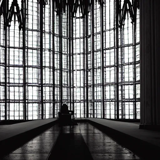 Prompt: man in large throne room of grand cathedral, sitting alone, shadows, fantasy, wallpaper