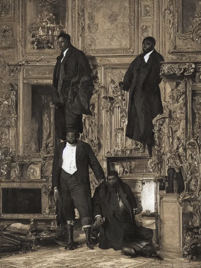 Prompt: one large black man wearing an overcoat and knee-length black boots stands in the living room of a beautiful ornate baroque English mansion, nobody else is present, adebanji alade, lawrence alma-tadema, george goodwin kilburne