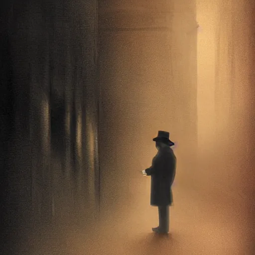Prompt: man posing in the dark with a fedora hat and a trench coat, dark photo, noir, horror, digital illustration, matte painting, rutkovski, beksinski